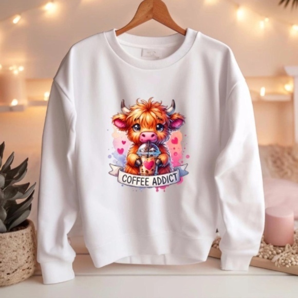 Hand Crafted Tops - Coffee Addict Highland Cow Sweatshirt